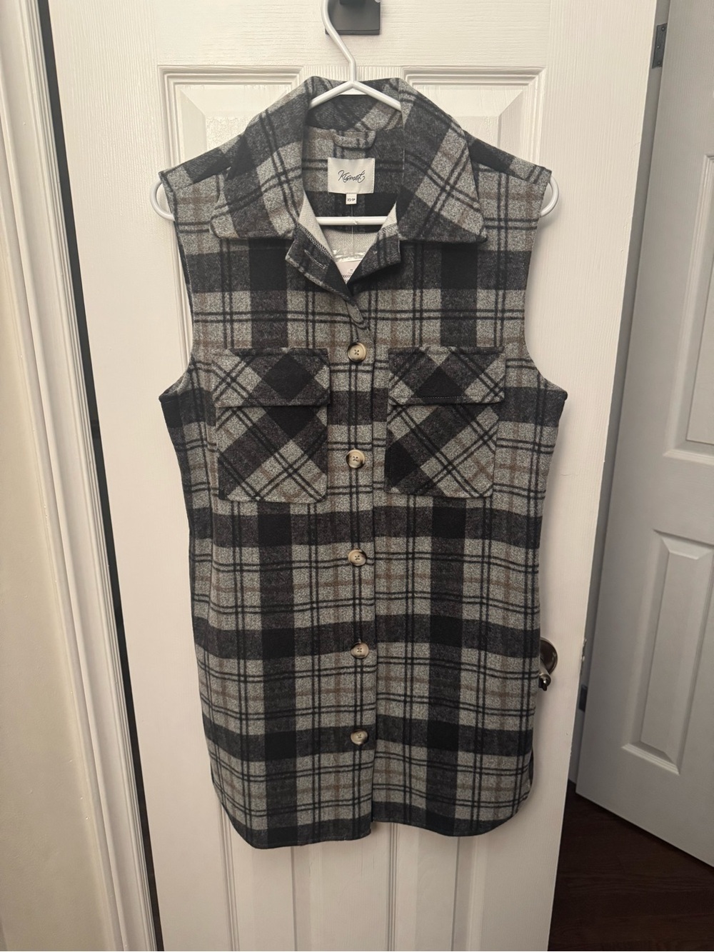Kismet Gray and Black Plaid Sleeveless Button-Front Vest